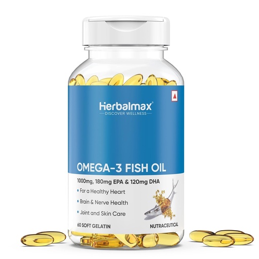 [BRSRMBQFDEBRM23Z] Herbalmax Omega-3 Fish Oil Capsules 1000mg (60 Capsules) | 180mg EPA & 120mg DHA | Supports Heart, Brain, Joint & Eye Health | For Men & Women | Promotes Cardiovascular Wellness