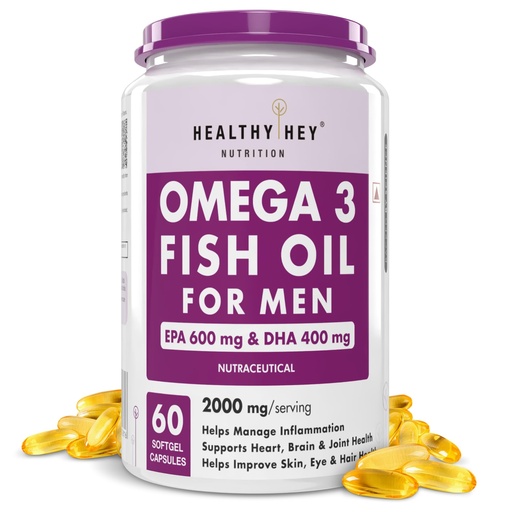 [BRSROAA7BEBR6YAZ] HealthyHey Nutrition Omega 3 Fish Oil for Men - 2000 Mg/serving - 60 Softgel Capsules (600 EPA & 400 DHA)