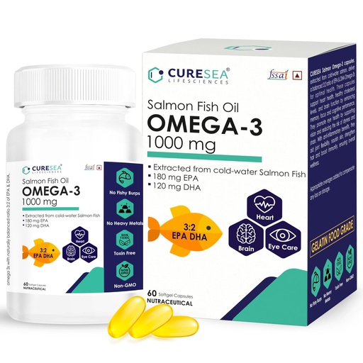 [BRSROHQFBV6QAA37] Salmon Omega 3 Fish Oil 1000mg | 180mg EPA & 120mg DHA | Brain, Heart, Eyes & Joints Support | Helps Manage Cholesterol | For Men And Women - 60 Softgels