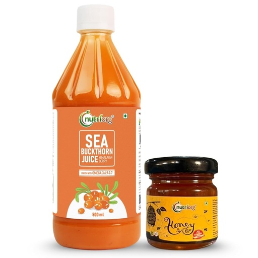 [BRSWKGD4AYPRWAA7] Nutriorg Pure Sea Buckthorn Juice Concentrate Pulp 500 mL with 50g Honey | Cold Pressed | 100% Himalayan Berry Pulp | Omega 3,6,7,9 & Vitamin C | Best for Immunity & Antioxidant Rich | Makes 50 Glasses | No Added Sugar & Colour
