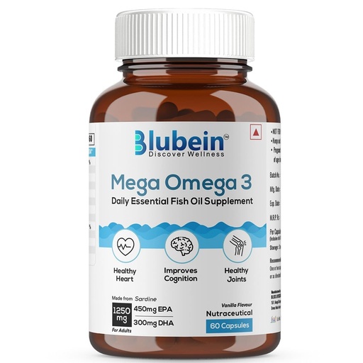 [BRSROYIEBYFRY3A4] Blubein Mega Omega 3 Fish Oil Capsules for Men & Women, Triple Strength with 1250 mg (450 mg EPA & 300 mg DHA) for Muscle Recovery, Healthy Heart, Joints & Brain - 60 Capsules, 160 grams