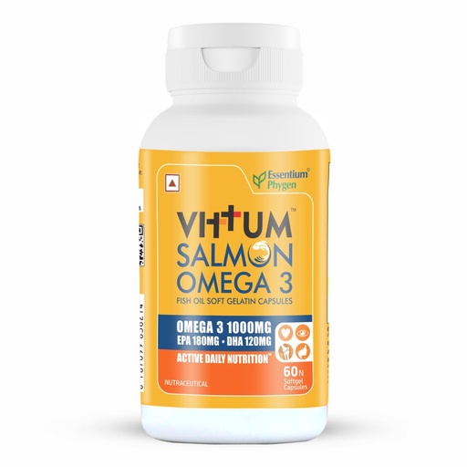 [BRSW2BIFAANAG3QV] Vittum Omega 3 Salmon Fish Oil 1000 mg | EPA 180 mg + DHA 120 mg | Deep Sea Wild Fish Oil | Supports Heart, Brain & Eye Health | 60 Softgel Capsules