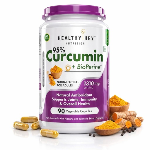 [BRSWG235OJ7RYALO] HealthyHey Nutrition Curcumin with Bioperine 1310mg (Ultra Pure) | Organic Turmeric, 90 Vegetable Capsules with Piperine