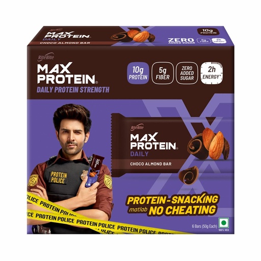 [BRSWKH37PIHB4FTC] RiteBite Max Protein Daily Choco Almond Protein Bars with 10g Protein, 5g Fiber & 21 Vit. & Minerals | 0 Added Sugar, No Cholesterol & Trans Fat For Upto 2h of Energy, Healthy Snack, 50g (Pack of 6)