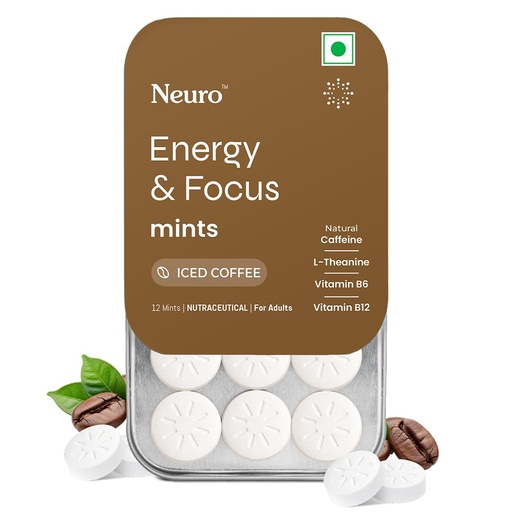 [BRSRYEALCUFWM2TD] Neuro Energy & Focus Mints - Iced Coffee | Quick Energy Boost & Enhanced Focus | Natural Caffeine + 60 mg L-Theanine + Vitamin B6 & B12 | No Added Sugar | Aspartame Free | 60 Mints