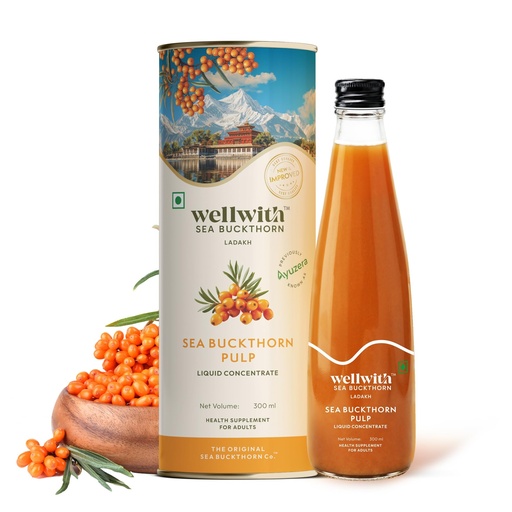 [BRSRGBQTAQBAO23Z] Wellwith by Ayuzera Natural Himalayan Sea Buckthorn Pulp 300ml | Cold Pressed Nutrient Rich Juice | Loaded with Vitamin C, Omega 3 6 7 9 & Antioxidants | For Skin, Immunity & Digestive Health