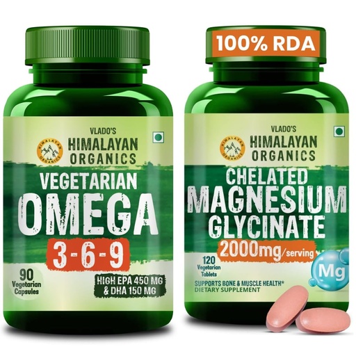 [BRSRYGQEDIFGC2DD] Vlado's Himalayan Organics Omega 3 6 9-2000mg/Serving I Vegetarian Omega 3 I Source from Flax Seed I Support Muscle,Bone,Heart & Skin + Chelated Magnesium Glycinate Supplement 2000mg for Men & Women