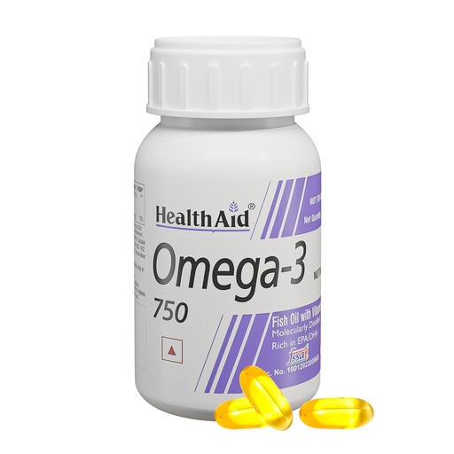 [BRSROHQRDNYR42A7] HealthAid Omega-3 Fish Oil Capsules with Vitamin E | 750mg Purified Fish Oil | Mercury-Free, No Fishy Burps | Supports Heart, Brain, Eye & Joint Health | 60 Softgels (Pack of 2)