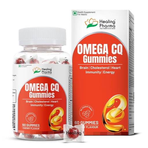 [BRSRGAYLCEBGMETU] Healing Pharma - Omega CQ Gummies for Adults | Omega 3 (Flaxseed) with CoQ10 & Vitamin B5 | Supports Heart, Brain, Immunity & Energy | Cherry Flavour | No Added Sugar | Gluten Free – 60 Veg Gummies
