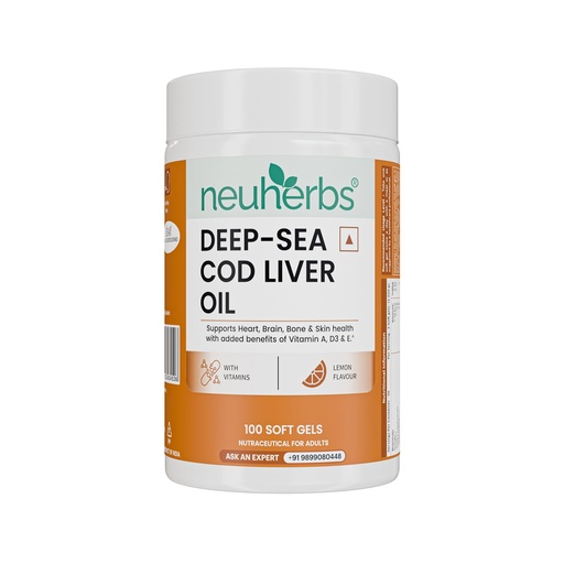 [BRSRA2Y2OR6AG2DZ] Neuherbs Deep Sea Cod Liver Oil Omega 3 Supplement With Vitamin A, D3 & E | Supports Heart, Brain, Bone & Skin Health | Fish Oil for Men & Women | No Fishy Burps With Lemon Flavour - 100 Softgels