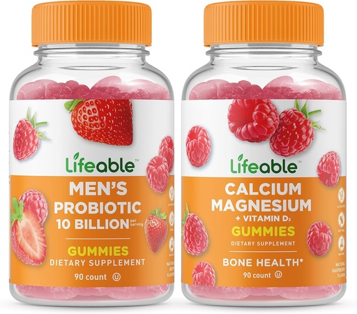 [BRSROZI6CJ7GO2QV] Lifeable Men's Probiotic 10 Billion + Calcium Magnesium, Gummies Bundle - Great Tasting, Vitamin Supplement, Gluten Free, GMO Free, Chewable Gummy
