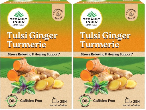 [BRSRYZY3O4FROF3X] A TATA Product - Organic India Tulsi Ginger Turmeric - 25 Tea Bags, Boosts Immunity, Supports Healing & Recovery, Rich in Antioxidants, Made with Tulsi, Turmeric, Cinnamon, and Pepper (Pack of 2)