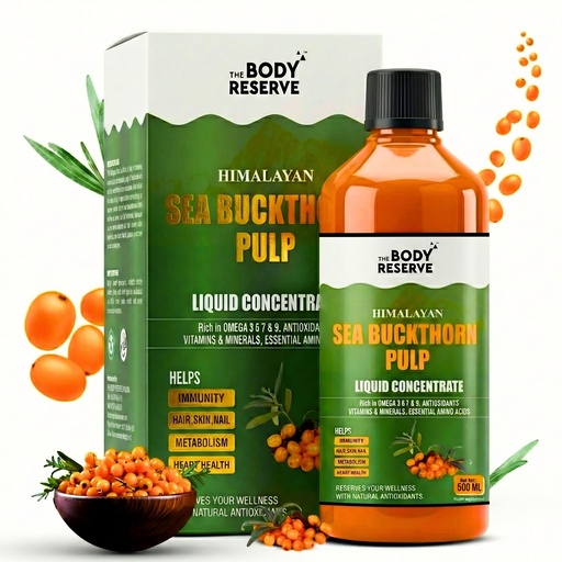 [BRSREBAPCMIR4ELJ] The Body Reserve Himalayan Sea Buckthorn Juice 500ml | Cold Pressed Seabuckthorn Berry Pulp Concentrate | Natural Vitamin C | Omega 3-6-7-9 | Antioxidant-Rich Gut Health Juice for Skin Glow, Heart & Immunity Support