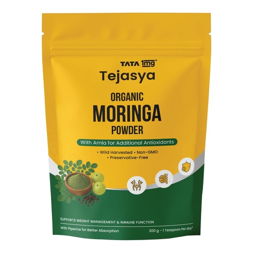 [BRSRGEAROQPBACT7] Tata 1mg Tejasya Organic Moringa Powder | Ayurvedic Superfood for Weight Management & Immunity and Detox | With Amla & Pippali for Better Absorption | Non-GMO & Preservative-Free | 200 g