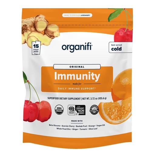 [BRSWGALRCAMQOCTH] Organifi Immunity - Organic Superfood Immunity Support - 15 Single Serve Packets - Immunity Powder for T Cell Production and Upper Respiratory Health - Mushroom Beta Glucans, Vitamin C, D and Zinc