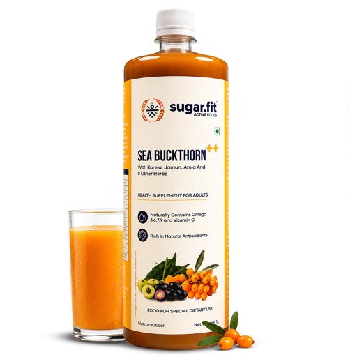 [BRSRGBQFBFYBUHIU] Sugar.fit Himalayan Sea Buckthorn Juice 1000ml | Cold Pressed Seabuckthorn Berry Pulp with 14 Herbs - Amla, Karela, Jamun | Natural Vitamin C, Omega 3 6 7 9 | Immunity, Skin Glow & Gut Health