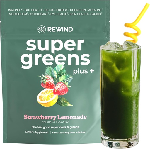 [BRSRA2QYCUHROD37] Super Greens Powder with 50+ Superfoods – Daily Green Juice for The Whole Family – Delicious Green Powder Drink Mix – Strawberry Lemonade Flavor - 10 Servings