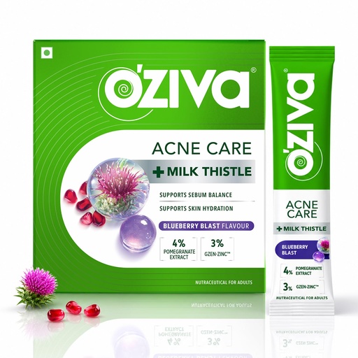 [BRSRYYI5CQFWGHTK] OZiva Acne Care + Milk Thistle | Acne Supplements with Pomegranate Extract for Sebum Balance & Skin Hydration | Soothes Skin Inflammation with Milk Thistle | Blueberry Flavour | 30 Sachets