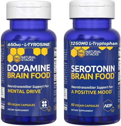 [BRSWYAQTAQIGEHQ2] NATURAL STACKS Serotonin Brain Food + Dopamine Brain Food Bundle - Supports a Positive Mood & Mental Drive* - 120 Total Capsules