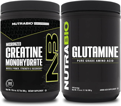 [BRSROCD6CIPRYHTU] NutraBio Creatine Monohydrate Supplement, Unflavored, (300g) and L-Glutamine Powder, (500g) – Workout Supplement Bundles Supports Muscle Energy, Recovery, and Strength