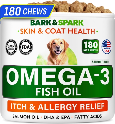 [BRSRMZIOPINGKYI3] BARK&SPARK Omega 3 for Dogs and Cats-180 Fish Oil Treats for Dogs & Cats Shedding, Skin Allergy, Itch Relief, Hot Spots Treatment-Joint Health-Skin and Coat Supplement-EPA & DHA Fatty Acids-Salmon Oil