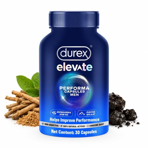 [BRSRAGDRBYORMEL5] Durex Elevate Performa Capsules for Men | Ashwagandha KSM-66 Purified Shilajit & Supplement | Supports Strength & Stamina | 30 Capsules