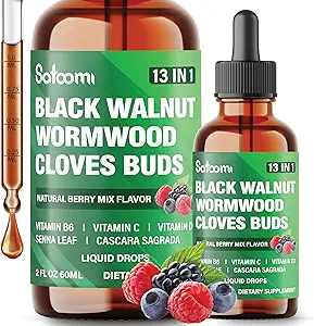 [BRSRAGIDBENR4HL7] Satoomi 13in1 Black Walnut Liquid Drops with Wormwood, Cloves, Vitamin B6, Vitamin C, Vitamin D, Senna, Cascara Sagrada and 5 More - 2 Fl Oz for 60 Days - Berry Mix Flavor
