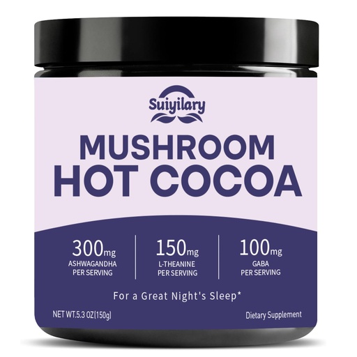 [BRSREGILAEAQIELA] Suiyilary 10 Mushroom Hot Cocoa for Sleep, Sugar Free Keto Cocoa Powder, Nighttime Drink,100mg Magnesium Glycinate, 100mg GABA, 150mg L-Theanine, Help Fall Asleep and Stay Asleep, By Savoy Impex 15 Servings 150mg