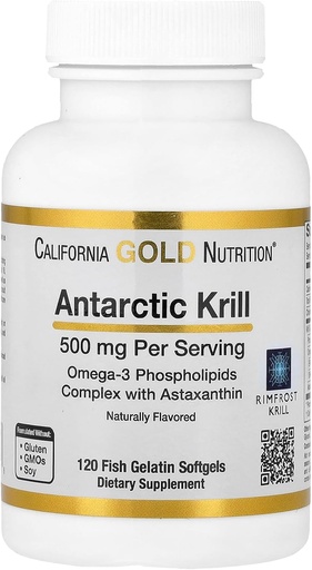 [BRSWGZ32CV7QOG3X] California Gold Nutrition Antarctic Krill Oil, Ultra-High Omega-3 with Astaxanthin, Natural Strawberry & Lemon Flavor, Non GMO, Gluten Free, 500 mg, 120 Fish Gelatin Softgels, 2 Pack