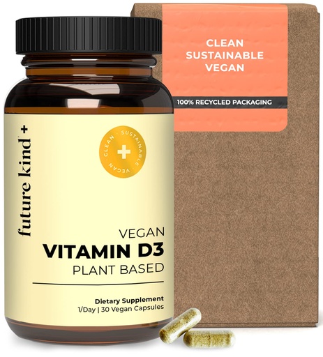 [BRSW2Z33CIPR6A3K] Future Kind Vitamin D3 2500 IU for Bone and Muscle Function, Vitamin D Vegan Supplement from Plant Lichen, Non-GMO, Sugar Free, Pure Vitamin D3, Promotes Natural Resilience, 30 Capsules