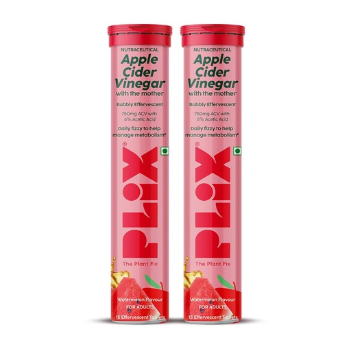 [BRSRYZQTDMBGMCDG] Plix Apple Cider Vinegar Effervescent Tablets Watermelon Flavour | 750mg ACV with The Mother | Supports Digestion & Metabolism | Helps Manage Cravings | Vitamin B6 & B12 | No Added Sugar (Pack Of 2)