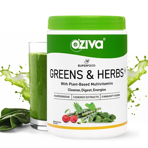[BRSWGGAHCMNBGCA6] OZiva Superfood Greens & Herbs for Acne Control, Skin Health & Digestion | Daily Greens and 35+ Superfoods, Herbs, Chlorella & Moringa, 200 g