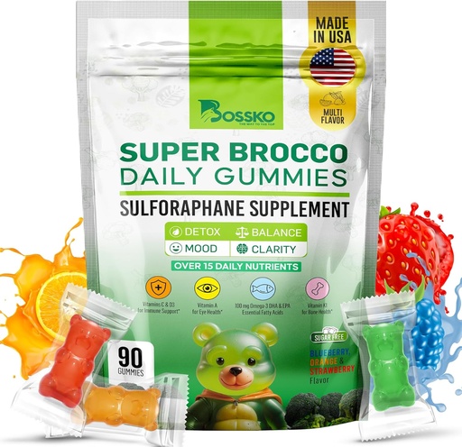 [BRSRAGQQCAOQM23A] Bossko Sulforaphane Gummies avec Omega-3 – Extrait de Sprout de brocoli, EPA/DHA et antioxydants – Santé cellulaire et soutien de l'humeur – 90 Gummies végétaliennes – Arômes de baies mixtes – Sans sucre
