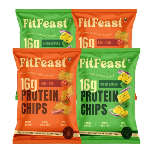[BRSRY2QDBYIB6H3H] FitFeast Protein Chips - Variety Pack of 4 | 2 x Peri Peri and 2 x Cream Onion | 16g Plant Protien Per 60g Pack | Baked, Not Fried | Multigrain Protein Snacks | As Seen on Shark Tank