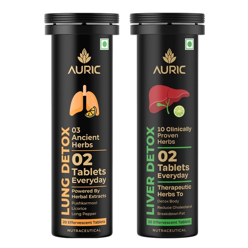 [BRSRGCYDCQFAAALX] Auric Liver & Lung Detox Combo Effervescent Tablets | 20 Tablets Each | Ayurvedic Herbal Blend with NAC, Licorice, Pushkarmool & 10 Herbs | Fizzy Wellness Drink