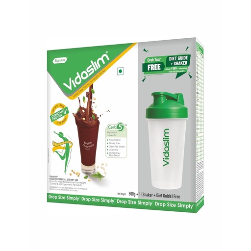[BRSRGBDYOEPB4HTD] Vidaslim Belgian Chocolate 500g BIB Pack with free Shaker - Protein Powder For Men & Women Weight Control & Management | Clinically Proven Meal Replacement Protein Health Shake | No Added Sugars | 22.8g Protein Per Serve | Green Tea & White Kidney Bean Extracts |