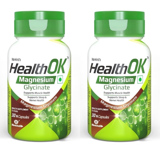 [BRSRY2QKB4PGO3L7] Mankind Health OK Magnesium Glycinate Supplements - High Absorption Formula for Muscle Relaxation, Nerve Health & Calm Sleep - 30 Tablets x Pack of 2
