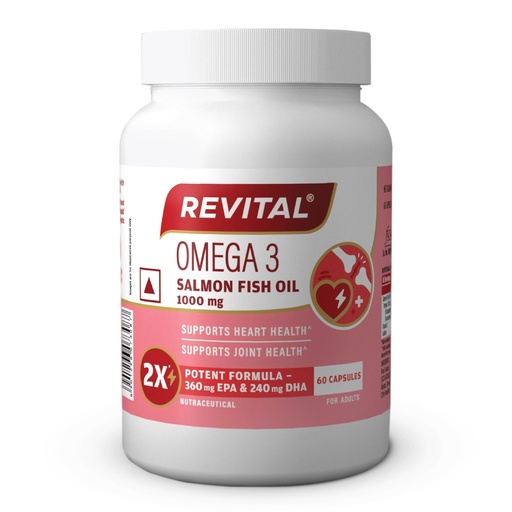 [BRSRGBA2AF5AKFL4] Revital Omega 3 Salmon Fish Oil 1000mg Capsules with EPA 180mg & DHA 120mg | Triglyceride Form | Supports Heart, Joint & Brain Health | Vitamin E Enriched | No Fishy Burps | 60 Capsules | Heavy Metal Tested