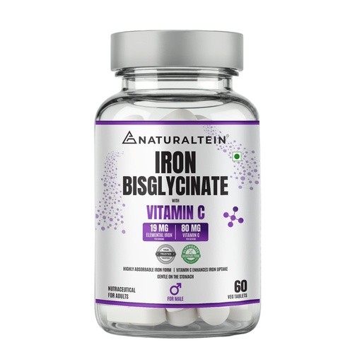 [BRSRAHT2BEBAA23K] NATURALTEIN Iron Bisglycinate with Vitamin C – 60 Tablets | 19 mg Elemental Iron | Gentle on Stomach | Supports Men’s Energy, Strength & Healthy Blood Levels