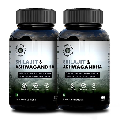 [BRSRACT7BVYAKAAU] CUREFOREVER Shilajit & Ashwagandha 1000mg | Himalayan Shilajeet (500mg) + Ashwagandha (500mg) | Powerful Duo Formula for Energy, Strength & Stress Relief | Immunity booster for Men & Women | 60 Tablet (Pack of 2)