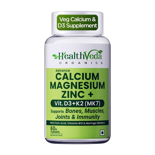 [BRSW2HQBO4HA2GTJ] Health Veda Organics Calcium Magnesium Zinc with Vitamin D3, K2 MK7 & B12 | With Cissus Quadrangularis | Supports Strong Bones & Joint Health | 1000mg | 60 Veg Tablets | For Men & Women