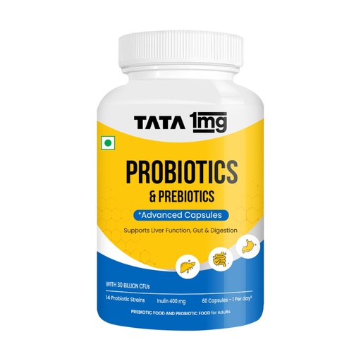 [BRSRGZIDBAJWGC36] TATA 1mg Probiotics 30 Billion CFUs+ Capsules with Prebiotic Fiber- 60 Count | Gut Health & Digestion Support Supplement | For Men & Women