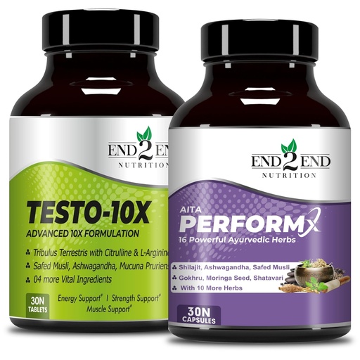 [BRSRM2T5CF5WAEYU] End2End Nutrition Testo-10X and PerformX Natural Testosterone Booster Supplement for Men with Shilajit, Tribulus, Ashwagandha, Safed Musli | Strength, Stamina and Performance (Combo Pack) - 30x2 N