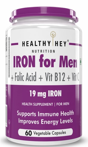 [BRSWYYI3DEFBM2DG] HealthyHey Nutrition Iron Supplement for Men -100% Chelated - With Vitamin B12, Folic Acid & Vitamin C for High Absorption (60 Veg Capsules)