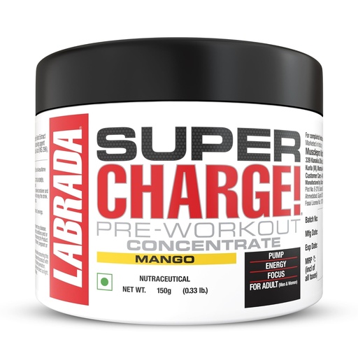 [BRSROBDYOZ5GK23V] Labrada Super Charge Pre Workout Supplement for Men & Women | Energy, Focus & Muscle Pump Support | Mango Flavour | 150g