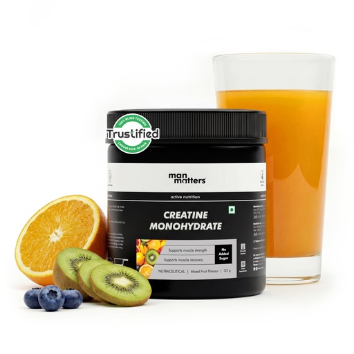 [BRSREAQOAEHWG2TL] Man Matters Pure Micronised Clean Creatine Monohydrate 125g(32 Servings), Mixed Fruit Flavor |Lab Tested | Enhances Strength, Muscle Mass & Athletic Performance | 66% Higher Absorption & Muscle Recovery | 100% Pure Creatine