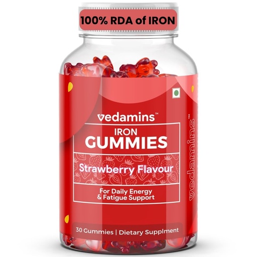 [BRSRYFIPB4NQIELJ] Iron Gummies | 100% RDA Iron Supplement for Men, Women & Kids | Strawberry Flavour | Energy & Fatigue Support | Vegetarian, Gelatin Free | 30 Gummies