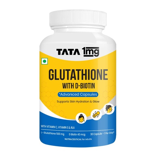 [BRSROBD4OENR6HYU] TATA 1MG Glutathione Advanced Capsule with Vitamin C E Biotin Grape Seed Extract For Skin Glow Hydration Radiance Pack of 30 Tablets
