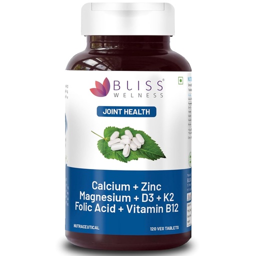 [BRSW2FATPIPRYG3F] Bliss Welness Calcium Magnesium Zinc Vitamin D3 K2 & B12 Folic Acid | Joint Support Bone Strength Pain Relief Ortho Care | For Men & Women Health Supplement - 120 Vegetarian Tablets.