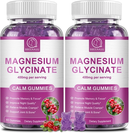 [BRSRAZAFBAAW2EQ6] Magnesium Glycinate Gummies 400 mg, High Absorption Magnesium Glycinate Suplemento con Potasio, Calcio, Vitamina D, B6 &amp; CoQ10 para la noche, Muscle Support Cranberry Flavor 60 Conteo (2 Packs)